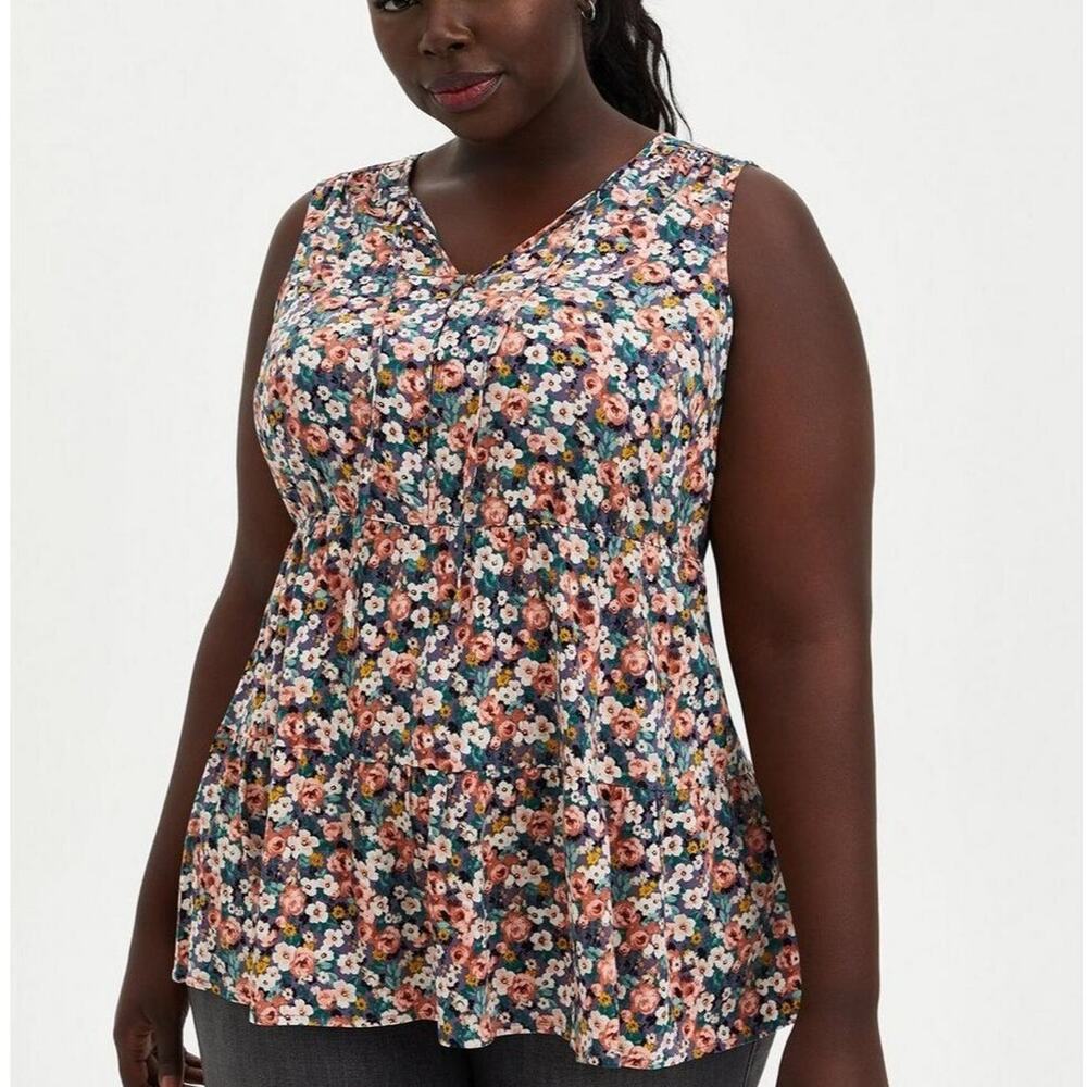 Torrid Women Slub Floral Babydoll Tank Top Plus Size 1X Garden Party Cottagecore